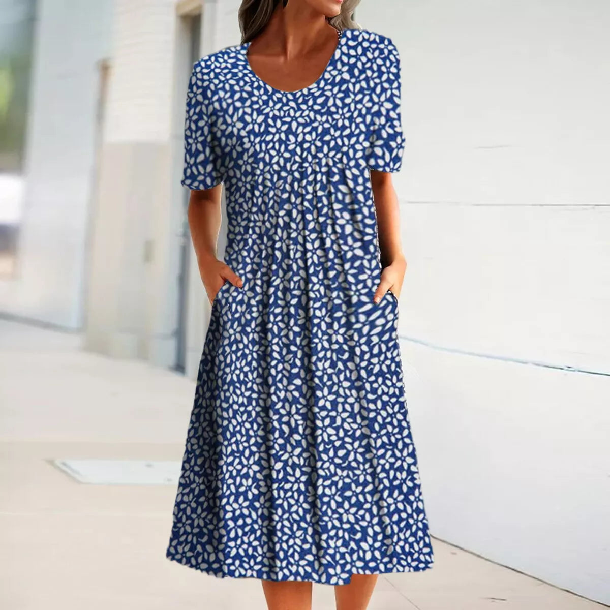 Damen-Midikleid – Blumenprint – Atmungsaktiver Stoff – Mit Taschen