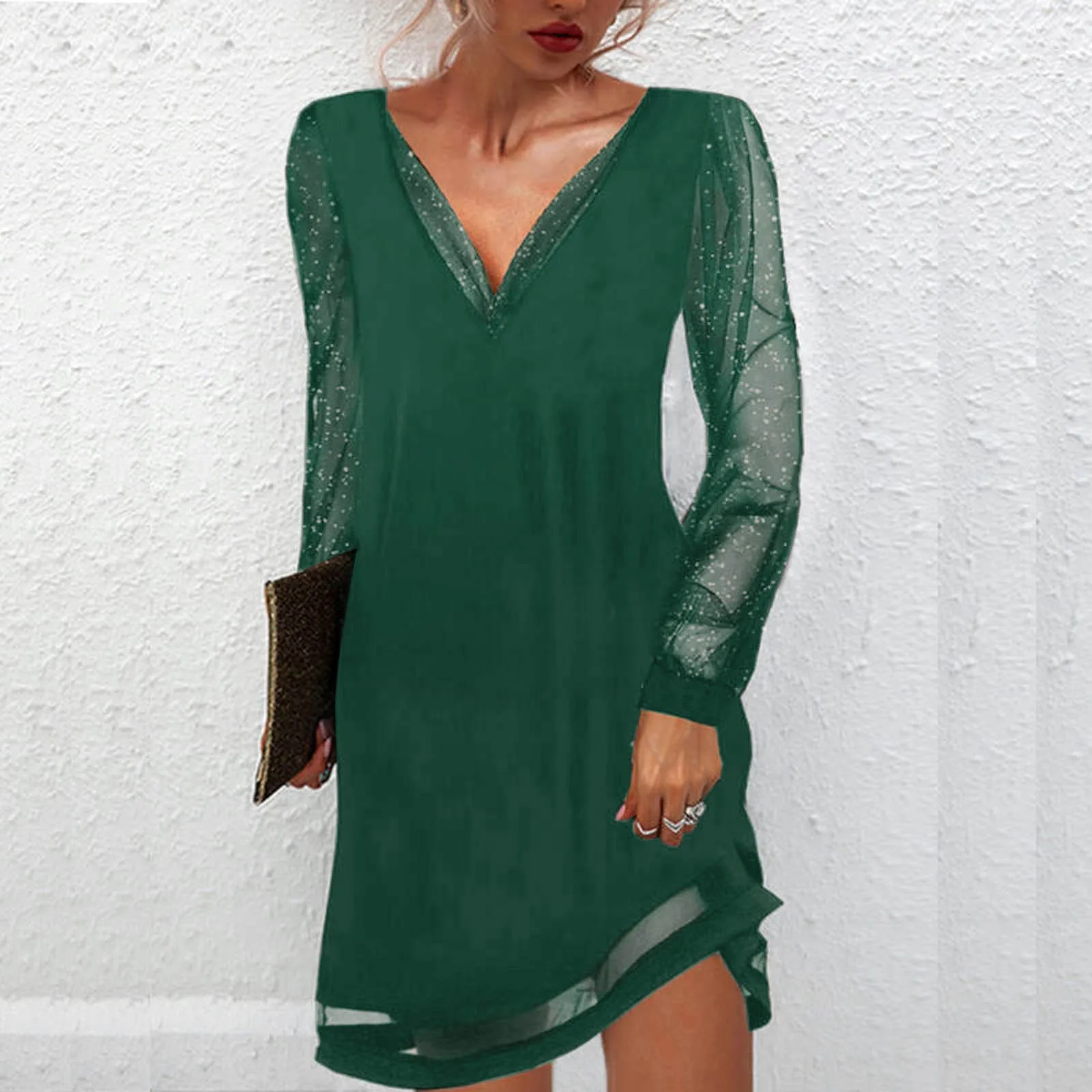 Sheer Sleeve V-Ausschnitt Kleid – Elegant & Chic