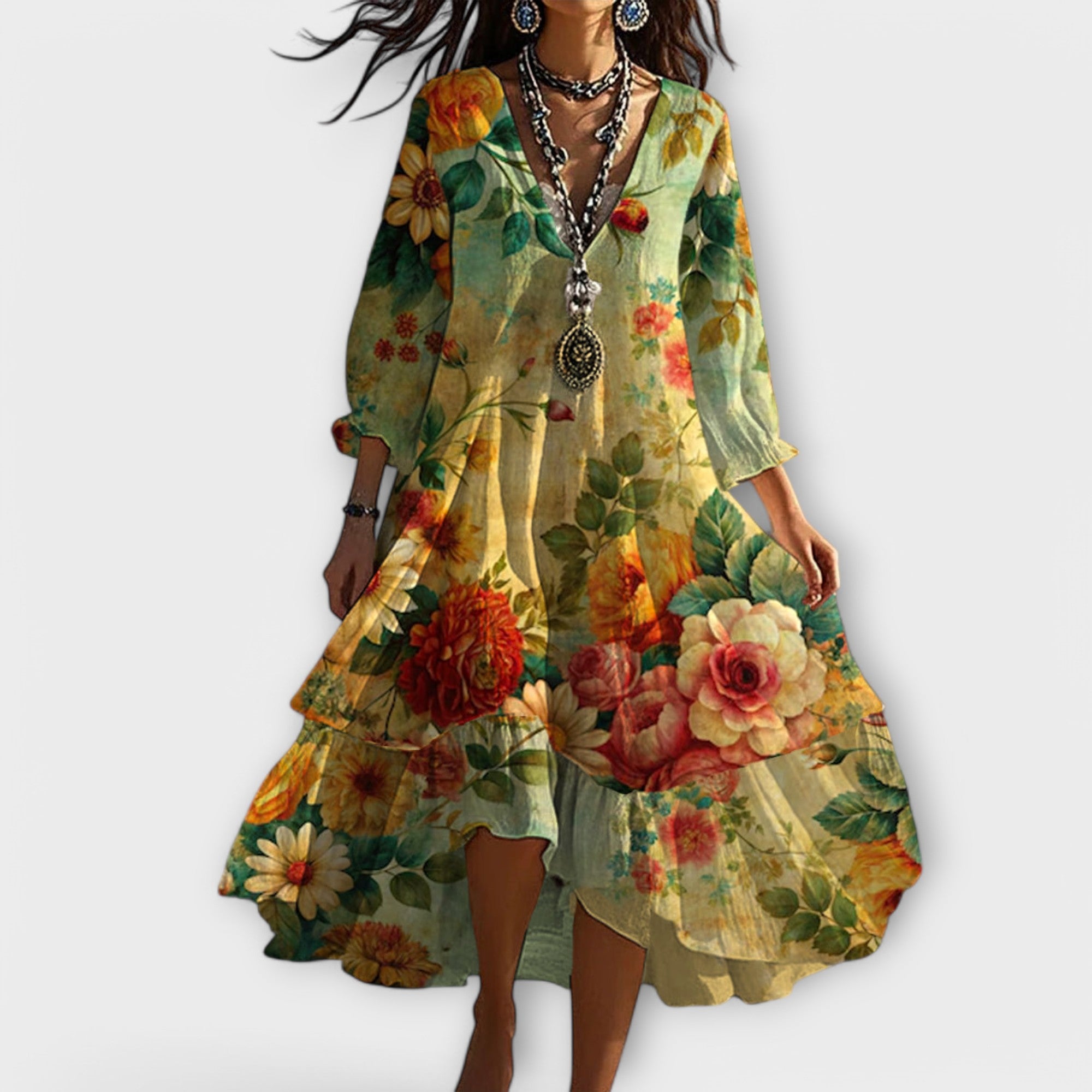 MIDI-Kleid für Frauen-Floral Print-V-Neck-Loose-Passform 1